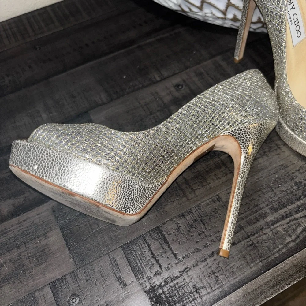 Jimmy Choo Crown  Glitter Fabric Champagne  Platform  7.5 - Picture 2 of 9